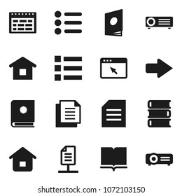 Flat vector icon set - book vector, schedule, document, browser, arrow, network, home, catalog, menu, projector