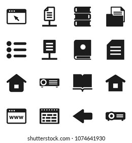 Flat vector icon set - book vector, schedule, document, browser, arrow, network, home, catalog, menu, projector