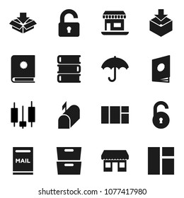 Flat vector icon set - book vector, archive, japanese candle, office, umbrella, package, unlock, mailbox, catalog, window