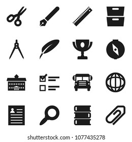 Flat vector icon set - book vector, pen, university, ruler, drawing compass, award cup, scissors, school bus, world, archive, personal information, magnifier, exam, attachment