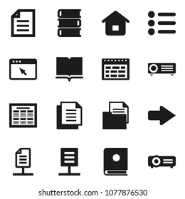 Flat vector icon set - book vector, schedule, document, browser, arrow, network, home, catalog, menu, projector