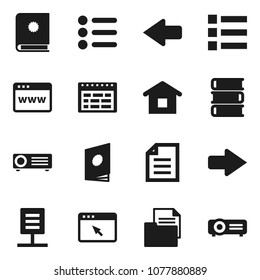 Flat vector icon set - book vector, schedule, document, browser, arrow, network, home, catalog, menu, projector