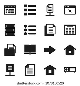 Flat vector icon set - book vector, schedule, document, browser, arrow, network, home, menu, projector