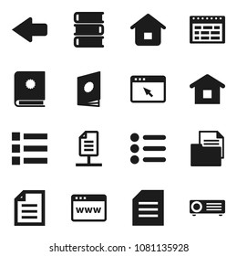 Flat vector icon set - book vector, schedule, document, browser, arrow, network, home, catalog, menu, projector