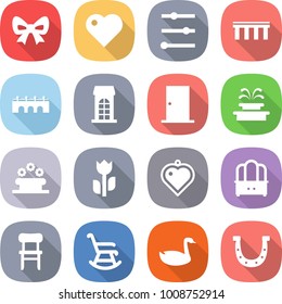 flat vector icon set - bow vector, heart, equalizer, bridge, building, door, fountain, flower bed, perishable, pendant, dresser, chair, rocking, goose, horseshoe
