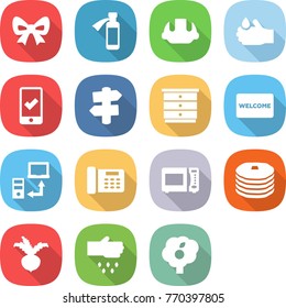 flat vector icon set - bow vector, potion bottle, building helmet, acid, mobile checking, signpost, chest of drawers, welcome mat, data transfer, office phone, microwave oven, pancakes, beet, sow