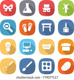flat vector icon set - bow vector, flask, japanese house, windmill, cargo search, flip flops, stool, scoop, bulb, computer, colander, chief hat, whisk, big spoon, hob, potato