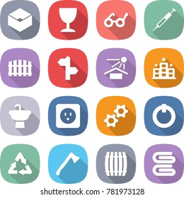 flat vector icon set - box vector, wineglass, pacemaker, syringe, fence, signpost, sun potection, hotel, sink, power socket, gears, on off button, recycle, axe, barrel, towel