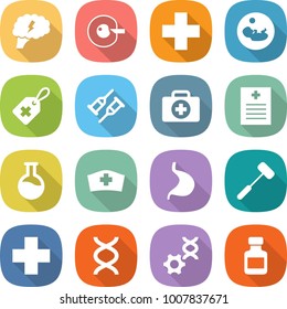 flat vector icon set - brain vector, cell corection, medical cross, pregnancy, label, crutch, doctor case, recipe, flask, hat, stomach, doctors hammer, dna, edit, pills bottle