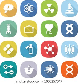 flat vector icon set - brain vector, atom, nuclear, microscope, dna modify, electrostatic, cardio chip, pill, potion bottle, virus, magnetic field, charge particle, electric magnet, satellite