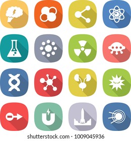 flat vector icon set - brain vector, atom core, molecule, flask, round around, nuclear, ufo, dna, virus, kidneys, electron, magnet, rocket start, satellite