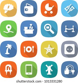 flat vector icon set - brain vector, wallet, baby stroller, crutch, geo pin, customs control, cargo search, vip fence, palm, cafe, starfish, power socket, led, phone, windmill, dish cleanser