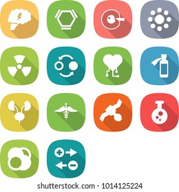 flat vector icon set - brain vector, hex molecule, cell corection, round around, nuclear, quantum bond, cardio chip, potion bottle, kidneys, ambulance sign, satellite, chemical, atom core
