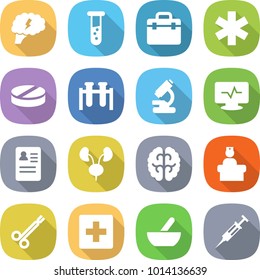 flat vector icon set - brain vector, vial, doctor bag, ambulance star, pill, test, microscope, monitor pulse, anamnesis, kidneys, hospital recieption, surgical clamp, first aid, mortar, syringe
