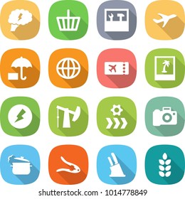 flat vector icon set - brain vector, basket, tools, plane, insurance, globe, ticket, photo, electricity, oil pump, conveyor, camera, steam pan, walnut crack, knife holder, spike