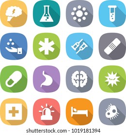 flat vector icon set - brain vector, flask, round around, vial, chemical industry, ambulance star, crutch, medical patch, pill, stomach, virus, first aid, alarm, bed, microb