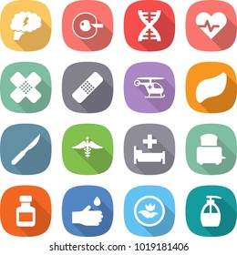 flat vector icon set - brain vector, cell corection, dna, heart pulse, medical patch, ambulance helicopter, liver, scalpel, sign, hospital, toaster, pills bottle, hand drop, ecology, liquid soap