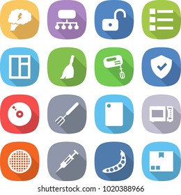 flat vector icon set - brain vector, structure, unlock, list, window, broom, mixer, shield, cd, big fork, cutting board, microwave oven, sieve, syringe, peas, package