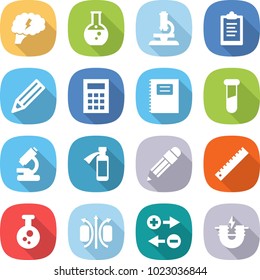 flat vector icon set - brain vector, round flask, microscope, clipboard, pencil, calculator, copybook, test vial, potion bottle, ruler, chemical, magnetic field, charge particle, electric magnet
