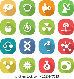 flat vector icon set - brain vector, hex molecule, satellite, antenna, round flask, rocket, nuclear, laser, quantum bond, dna, potion bottle, virus, kidneys, chemical, atom core