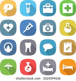 flat vector icon set - brain vector, vial, doctor bag, medical cross, heart, crutch, case, flask, tomography, tooth, roentgen, ambulance sign, chemical, hospital, bed