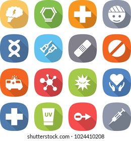 flat vector icon set - brain vector, hex molecule, medical cross, bandaged head, dna, crutch, patch, pill, ambulance car, virus, health care, uv cream, electron, syringe