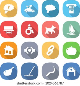 flat vector icon set - brain vector, eco car, column, truck shipping, invalid, dog, windsurfing, home, connect, link, tomato, chicken leg, rake, sickle, barn