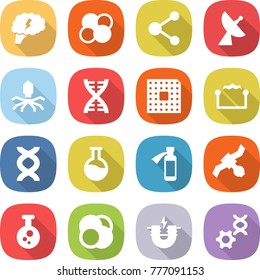 flat vector icon set - brain vector, atom core, molecule, satellite antenna, virus, dna, cpu, electrostatic, flask, potion bottle, chemical, electric magnet, edit