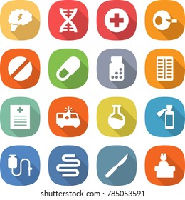 flat vector icon set - brain vector, dna, medical cross, artificial insemination, pill, pills bottle, blister, recipe, ambulance car, flask, potion, dropper, intestines, scalpel, hospital recieption