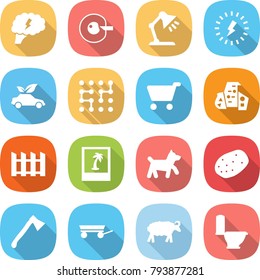 flat vector icon set - brain vector, cell corection, table lamp, lightning, eco car, chip, cart, modern architecture, fence, photo, dog, potato, axe, trailer, sheep, toilet