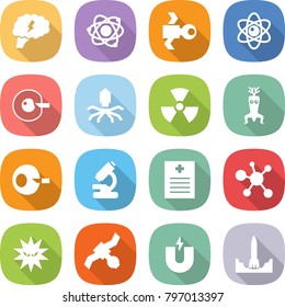 flat vector icon set - brain vector, atom, satellite, cell corection, virus, nuclear, dna modify, artificial insemination, microscope, recipe, magnet, rocket start