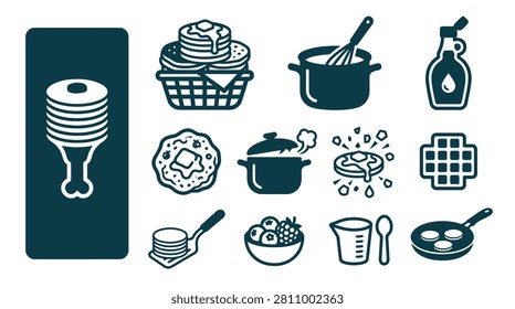 Flat vector icon set of breakfast food and kitchen tools featuring stacked pancakes in a basket, syrup bottle, waffle, berries, cooking pots, whisk, and bone-in ham illustration.