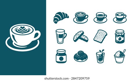 Flat vector icon set of breakfast and cafe items including coffee cups with latte art, croissant, cookies, toast, jam, and morning beverages on a teal and white background. Vector illustration.