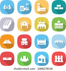 flat vector icon set - bridge vector, mall, church, block wall, brick, barn, factory, university, pyramid, japanese house, gothic architecture, level, building helmet, home, grain elevator