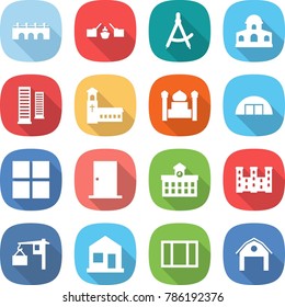flat vector icon set - bridge vector, drawbridge, draw compass, mansion, skyscrapers, church, minaret, hangare, window, door, university, palace, loading, home, barn