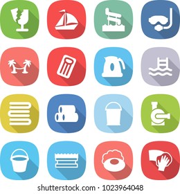 flat vector icon set - broken vector, sail boat, aquapark, diving mask, palm hammock, inflatable mattress, kettle, pool, towels, pipes, bucket, water pump, sponge, soap, wiping