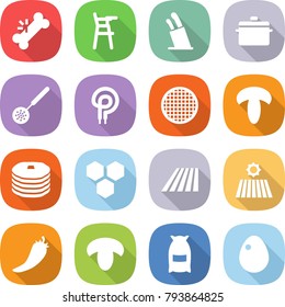 flat vector icon set - broken bone vector, Chair for babies, stands knives, pan, skimmer, elecric oven, sieve, mushroom, pancakes, honeycombs, field, hot pepper, flour, egg