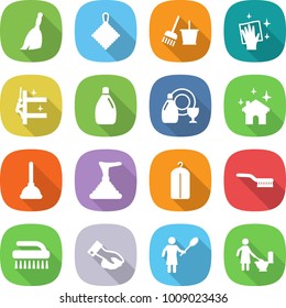 flat vector icon set - broom vector, rag, bucket and, wiping, skyscrapers cleaning, cleanser, dish, house, plunger, dry wash, brush, woman with duster, toilet