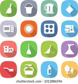 flat vector icon set - broom vector, bucket, kettle, rag, microwave oven, gas, hob, coffee maker, food processor, plunger, brush, washing powder, toilet cleanser, garden cleaning