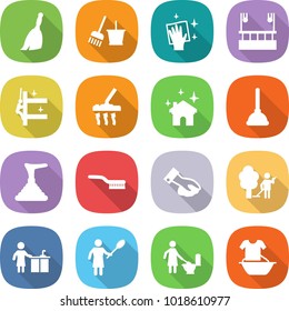 flat vector icon set - broom vector, bucket and, wiping, skysrcapers cleaning, skyscrapers, vacuum cleaner, house, plunger, brush, garden, kitchen, woman with duster, toilet, handle washing