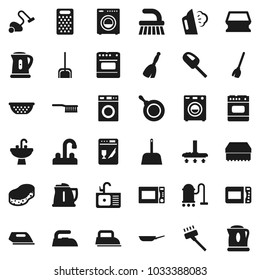 Flat vector icon set - broom vector, vacuum cleaner, fetlock, scoop, sponge, iron, steaming, washer, sink, water tap, pan, kettle, colander, grater, microwave oven, dishwasher