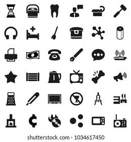 Flat vector icon set - broom vector, toilet paper, kettle, meat hammer, grater, pen, drawing compass, cash, sand clock, cent sign, molecule, no alcohol, wood box, music hit, loudspeaker, headphones