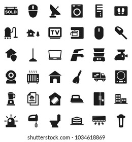Flat vector icon set - broom vector, water tap, vacuum cleaner, mop, welcome mat, toilet, double boiler, tv, chalet, estate document, sold signboard, apartments, office building, relocation truck
