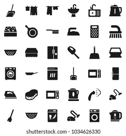 Flat vector icon set - broom vector, vacuum cleaner, fetlock, scoop, sponge, iron, steaming, drying clothes, washer, sink, pan, kettle, colander, grater, microwave oven, fridge, dishwasher