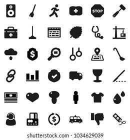 Flat vector icon set - broom vector, mop, ladle, meat hammer, mushroom, schedule, leaf, exchange, graph, credit card, cash, man, dollar shield, first aid kit, gymnast rings, run, navigator, glass