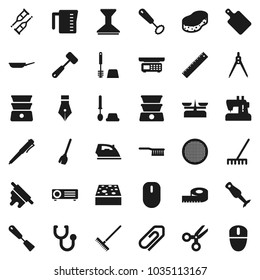 Flat vector icon set - broom vector, fetlock, rake, sponge, car, iron, toilet brush, pan, measuring cup, whisk, spatula, rolling pin, meat hammer, cutting board, double boiler, blender, sieve, pen