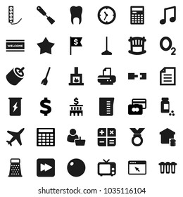 Flat vector icon set - broom vector, mop, welcome mat, measuring cup, spatula, grater, calculator, music, document, credit card, bank building, dollar flag, sign, pills vial, fitball, medal, oxygen