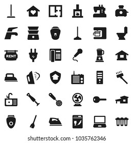 Flat vector icon set - broom vector, water tap, vacuum cleaner, mop, iron, steaming, toilet, sink, skimmer, double boiler, cottage, plan, rent signboard, key, love home, fireplace, protect, toaster