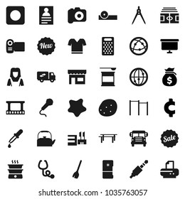 Flat vector icon set - broom vector, splotch, cleaner woman, kettle, grater, potato, drawing compass, school bus, personal information, money bag, presentation board, cent sign, stadium, t shirt