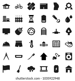 Flat vector icon set - broom vector, vacuum cleaner, car fetlock, washboard, ladle, thermometer, dish, school building, drawing compass, schedule, medal, flag, sand clock, arrow up, bike, buttocks